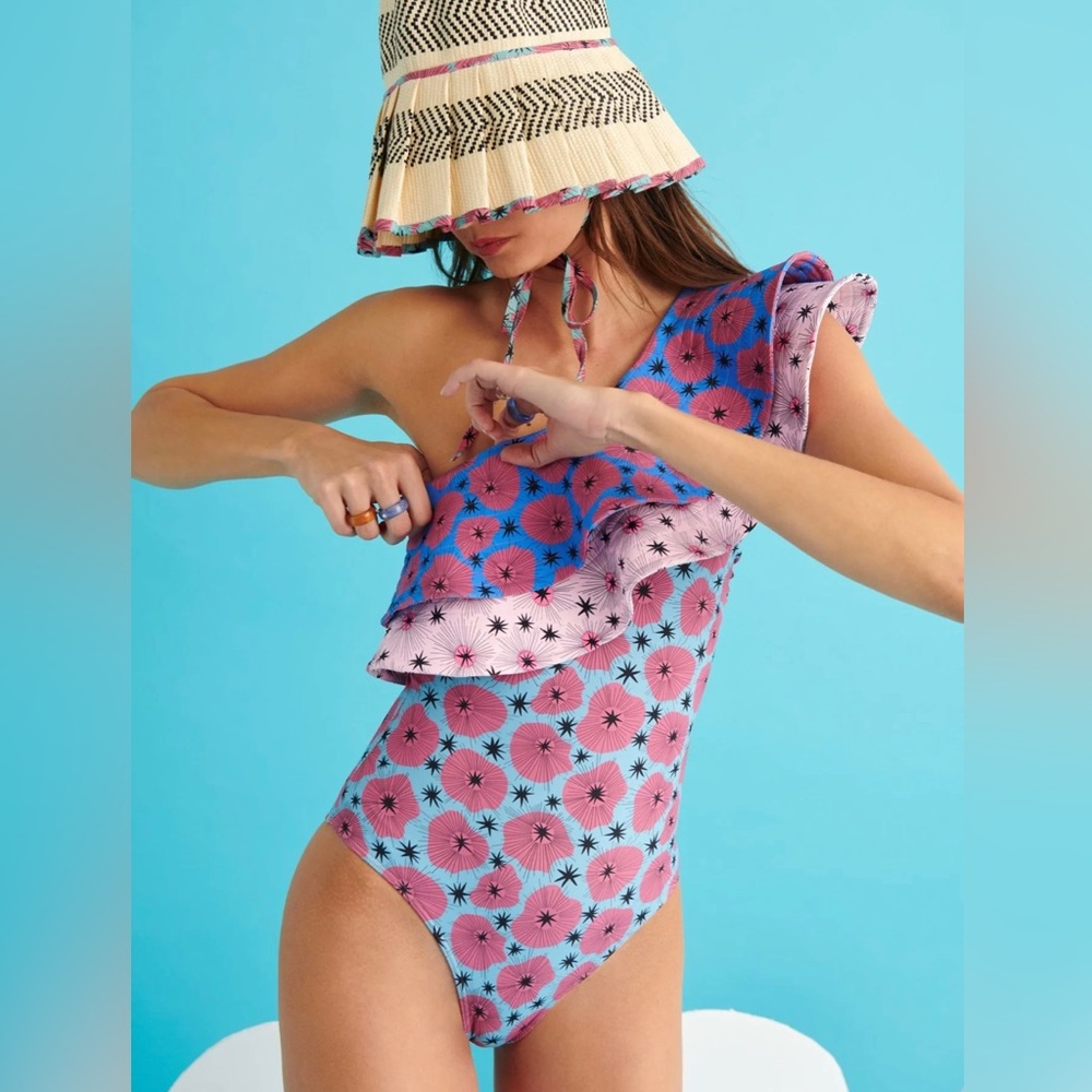 CeliaB One-Shoulder Ruffle One-Piece Swimsuit in Pink and Blue